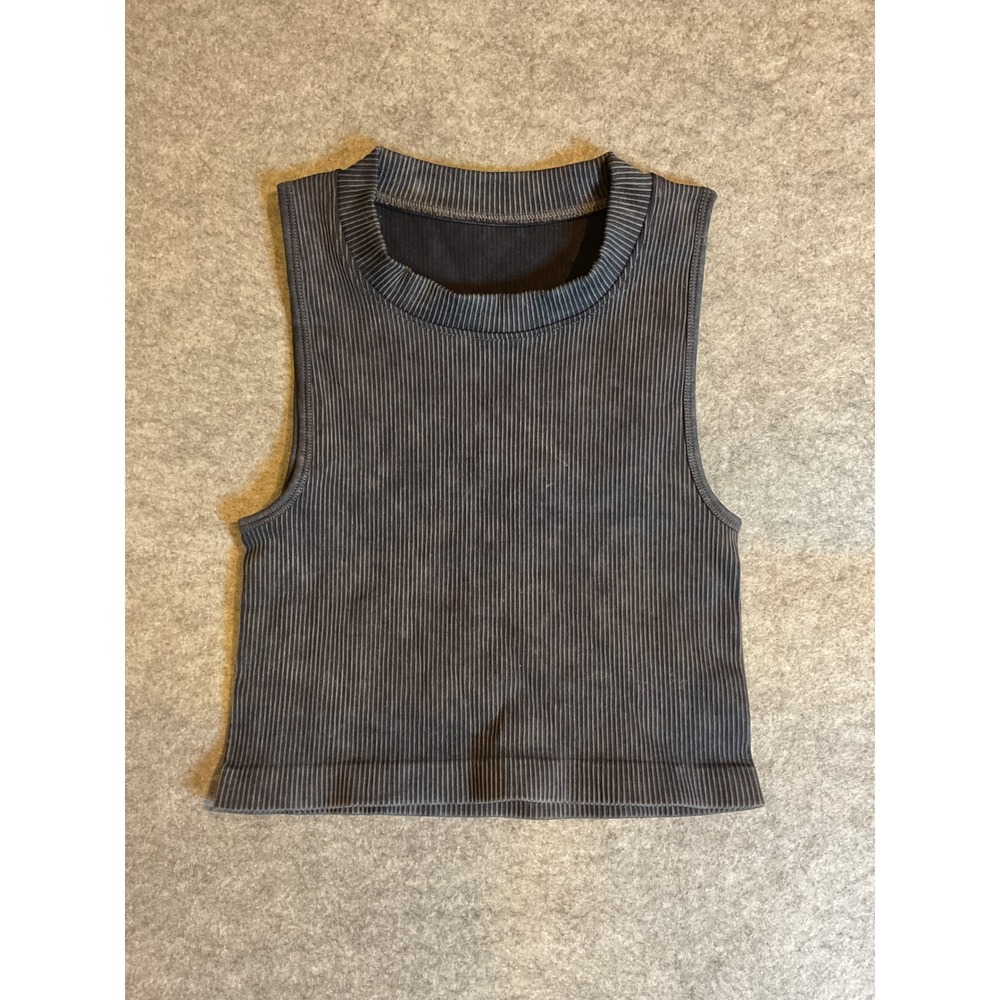 OQQ Women Ribbed Crop Tank Top Gray Mineral Wash Seamless High Neck Medium